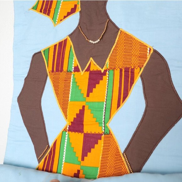 African Wall Fabric Art Scroll Tapestry Woman Ghana Africa Kente Dress Yellow - Picture 4 of 10